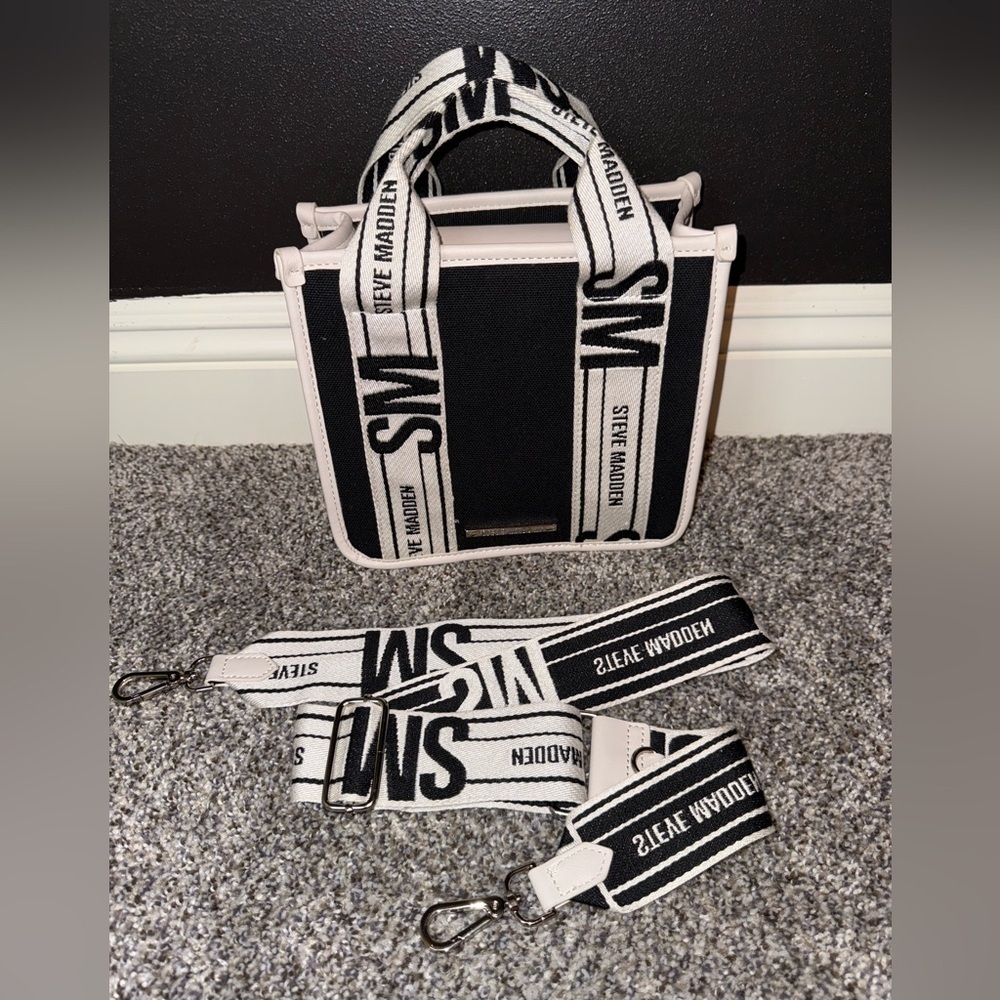 Steve Madden black and white mini tote with crossbody strap